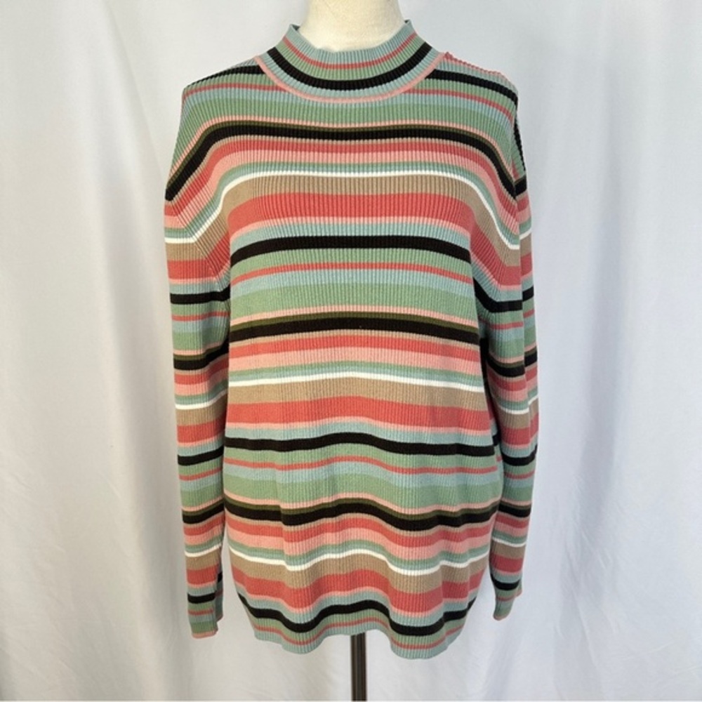 Kate Hill Sweater Women Plus 2X Crewneck Pullover Cable Knit Stripes Pima Cotton